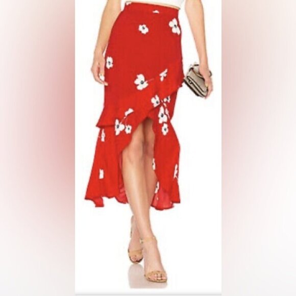 Bardot Red Floral Asymmetrical Ruffle Wrap Skirt Women’s Size 6 - Picture 1 of 15